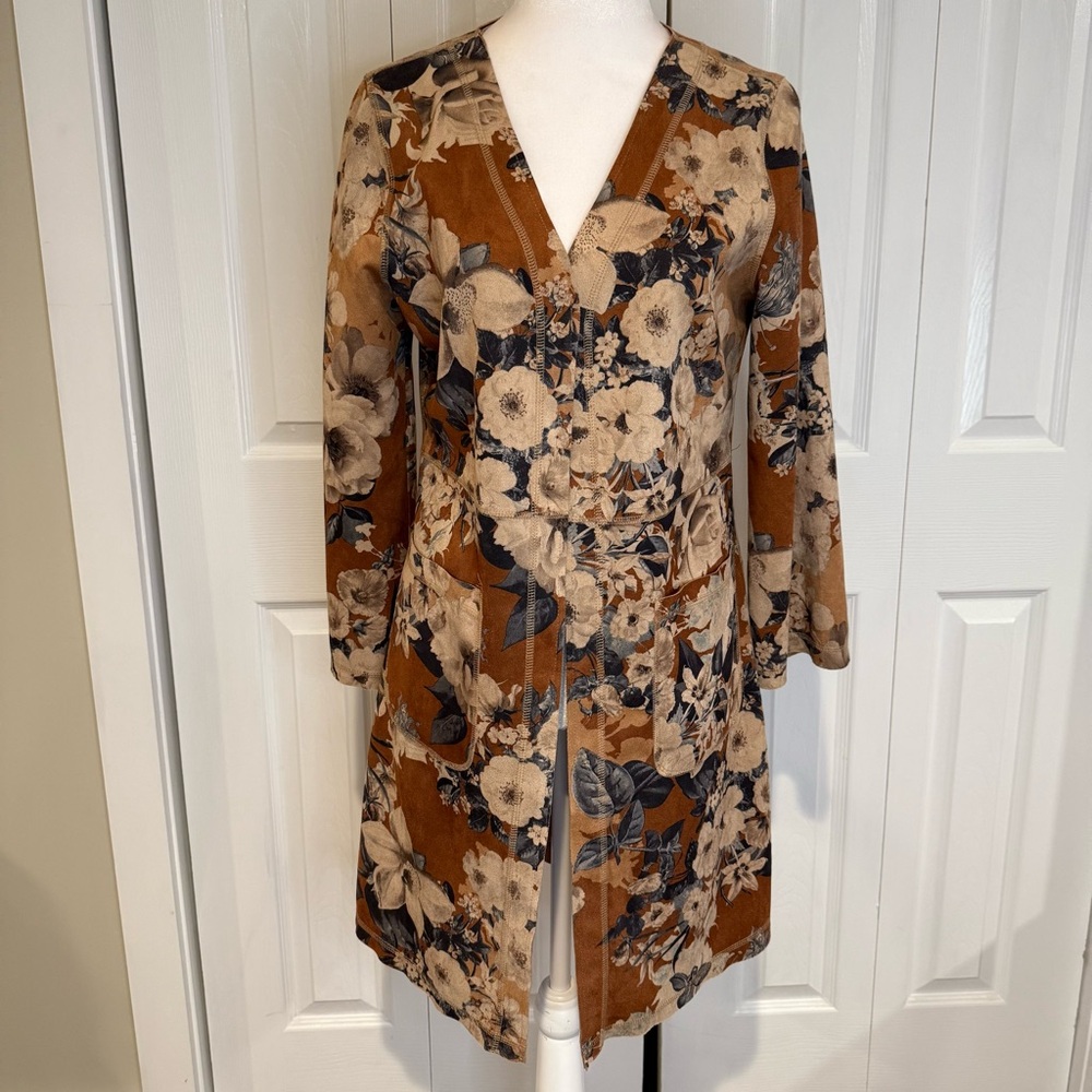 Solitaire (Anthropologie) Floral Faux Suede Folk Jacket Duster, Size Small - Picture 2 of 13